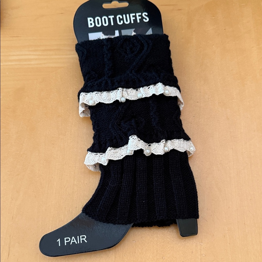 Black Boot Cuffs with Lace Trim NEW